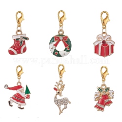 Strass in lega a tema natalizio e decorazioni pendenti in smalto, con fermagli di lobster claw in lega, forme misto, oro, 30~43mm, 6 pc / set
