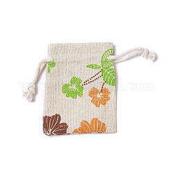 黄麻布製梱包袋ポーチ  巾着袋  葉の模様の長方形  カラフル  8.7~9x7~7.2cm