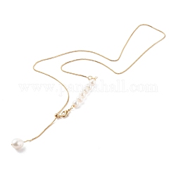 Adjustable Brass Lariat Necklaces, with Natural Pearl Beads, White, Golden, 20.47 inch(52cm)