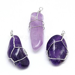 Natural Amethyst Pendants, with Brass Findings, Nuggets, Platinum, Mixed Color, 34~48x14~20x13mm, Hole: 2mm