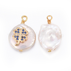 Pendentifs de perles d'eau douce de culture naturelle, avec les accessoires de zircons en laiton, pépites avec trèfle à quatre feuilles, or, bleu royal, 17~26x11~16x5~11mm, Trou: 1.6~2mm