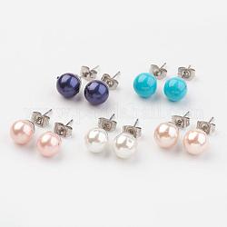 Pendientes de perla con forma de bola de concha, con 304 componente de espárrago de acero inoxidable, color mezclado, 8mm, pin: 0.7 mm