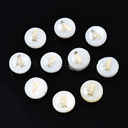 Natural Freshwater Shell Beads, with Golden Plated Brass Metal Embellishments, Flat Round with Number, Num.4, 8x4.5mm, Hole: 0.8mm