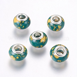 Synthetischen Türkis europäischen Perlen, Großloch perlen, mit Messing-Zubehör, Rondell, silberfarben plattiert, dunkelgrün, 12~13x9~10 mm, Bohrung: 5 mm