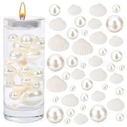 Remplisseurs de vase sur le thème de l'océan benecreat pour bougies flottantes maîtresses, y compris coquille naturelle, perles d'imitation en plastique non percées/sans trous, blanc, perles: 10~30 mm, 120 pcs, shell: 17~22x21~28x7~10 mm, 16 pcs