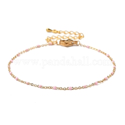 Messing Kabelkette Armbänder, mit Email und 304 Hummerkrallenverschluss aus Edelstahl, echtes 18k vergoldet, rosa, 7-1/4 Zoll (18.5 cm)