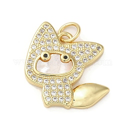 Brass Micro Pave Cubic Zirconia Pendants, with Shell, Cat, Real 18K Gold Plated, 18x18x3mm, Hole: 3.4mm