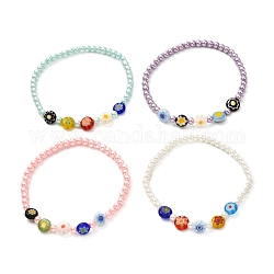 Millefiori Flat Round Beads Stretch Bracelet for Teen Girl Women, Round Pearlized Glass Beads Bracelet, Mixed Color, Inner Diameter: 2-1/4 inch(5.7cm)