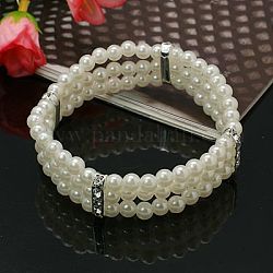 Bracelets de mariage, bracelets de perles acryliques, laiton avec strass séparateurs perles, élastique, blanc, 63mm