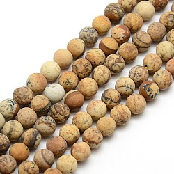Chapelets de perles rondes en jaspe mat avec image naturelle, 8mm, Trou: 1mm, Environ 47~49 pcs/chapelet, 14.9~15.6 pouce
