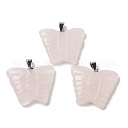 Pendenti intagliati in quarzo rosa naturale, ciondoli a farfalla con ganci a scatto in ottone placcato platino, 30x35.5x7mm, Foro: 7x4.5 mm
