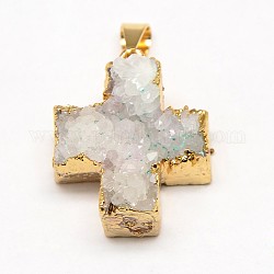 Electroplate Rough Gemstone Natural Druzy Crystal Pendants, with Brass Findings, Golden Plated, Greek Cross, Light Grey, 24~28x24~28x5~15mm, Hole: 4x9mm