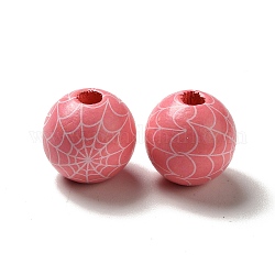Halloween Printed Spider Webs Colored Wood European Beads, Large Hole Beads, Round, Pink, 16mm, Hole: 4mm