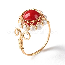 Anello per dito in giada naturale mashan per ragazze, anello rotondo con perle di perle di conchiglia, anello avvolgente in filo di ottone, oro, misura degli stati uniti 7 3/4 (17.9mm)