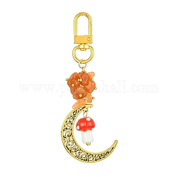 Décoration pendentif en alliage de lune creuse, avec des perles de copeaux de pierres précieuses et des perles de lampadaire faites à la main aux champignons, fermoirs pivotants en alliage, 95mm