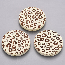 Painted Natural Wood Beads, Laser Engraved Pattern, Flat Round with Leopard Print, Creamy White, 30x5mm, Hole: 1.6mm