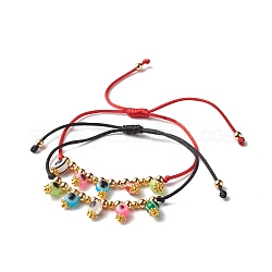 Ensemble de bracelets de cordon de perles de résine d'oeil mauvais pour les femmes de fille, bracelets réglables en perles de laiton, or, couleur mixte, diamètre intérieur: 5/8~3-3/8 pouce (1.7~8.7 cm), 2 pièces / kit