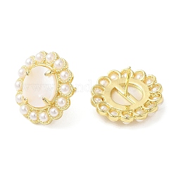 Natural Shell Flower Stud Earrings with Plastic Pearl Beaded, Real 14K Gold Plated Brass Jewelry, Seashell Color, 17.5mm
