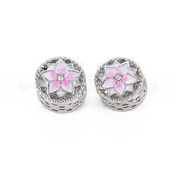 Rack Plating Alloy European Beads, with Crystal Rhinestone & Pearl Pink Enamel, Large Hole Beads, Cadmium Free & Nickel Free & Lead Free, Flat Round with Flower, Platinum, 10.5x10mm, Hole: 5mm