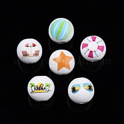 Perles en bois imprimées sur le thème de la plage, ronde, couleur mixte, modèle de thème de plage, 15.5~16x15mm, Trou: 3.5mm