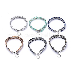 Rondes plat 304 bracelets acier inoxydable, avec des perles rondes de pierre gemme, 8-3/8~8-5/8 pouce (21.3~21.8 cm)