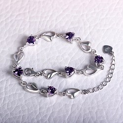 925 Sterling Silver Link Bracelets, with Cubic Zirconia, Heart, Purple, Platinum
