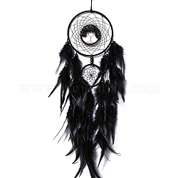Décoration suspendue pendentif copeaux de fer et de verre, filet/toile tissé avec décoration murale suspendue en plumes, noir, 730mm