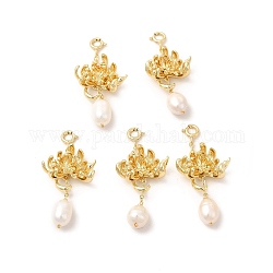 Ciondoli con chiusura ad anello con perle naturali, con pendenti floreali in ottone, vero placcato oro 14k, 44.5mm, ciondoli:31.5x20mm