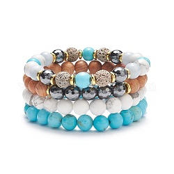 4pcs 4 style bois naturel et ensemble de bracelets extensibles en perles de pierre mélangées, bijoux de pierres précieuses d'huile essentielle pour les femmes, diamètre intérieur: 2-1/8~2-3/8 pouce (5.3~6.1 cm), 1pc / style