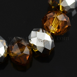 Electroplate Glass Bead Strands, Half Silver Plated, Faceted, Rondelle, Coconut Brown, 6x4mm, Hole: 1mm, about 95pcs/strand, 15.7inch