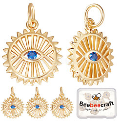 Beebeecraft 1 scatola 8 pezzi ciondoli occhio blu ciondoli pendenti placcati in oro 18k con zirconi cubici fiore del sole e malocchio orecchini risultati per regali fai da te creazione di gioielli