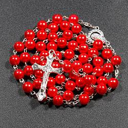 Collar de cuentas de rosario de perlas de imitación de plástico para Pascua, Collar con colgante de cruz de crucifijo de aleación con cadenas de hierro, rojo, 27.56 pulgada (70 cm)