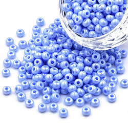 6/0 tschechische Saatperlen aus undurchsichtigem Glas, glänzendes, Runde, hellblau, 4x3 mm, Bohrung: 1.2 mm, ca. 500 g / Beutel