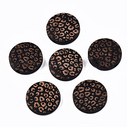 Perle di legno naturale verniciate, motivo inciso al laser, piatta e rotonda con stampa leopardo, nero, 20x5mm, Foro: 1.5 mm