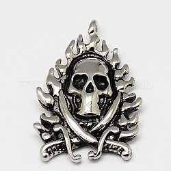 Retro Halloween Skull with Swords 316 Stainless Steel Pendants, Antique Silver, 52x35x8mm, Hole: 5x7mm