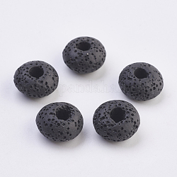 Perles européennes de pierre de lave naturelle, teinte, Perles avec un grand trou   , plat rond, noir, 15~16x8.5~9mm, Trou: 4~5mm