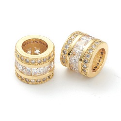 Perline in ottone in stile europeo con zirconi cubici trasparenti, perline con foro grande, placcato di lunga durata, tubo, oro, 10.5x9mm, Foro: 6.5 mm