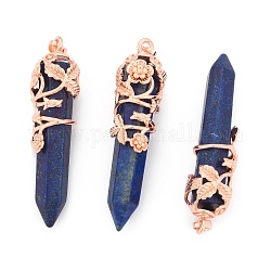 Lapis-lazuli naturelles ont fait pendentifs, avec les accessoires en laiton, balle, or rose, 57~60x16mm, Trou: 8x5mm