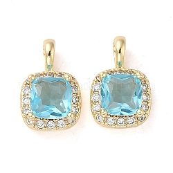 Brass Micro Pave Cubic Zirconia and Glass Pendants, Square, Real 18K Gold Plated, 11.5x7x5mm, Hole: 2.4x1.8mm