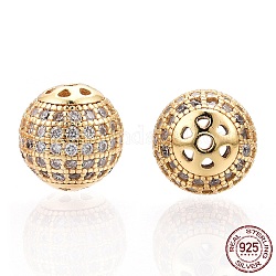 925 Sterling Silber Micro pave Zirkonia Perlen, Runde, Nickelfrei, echtes 18k vergoldet, 8 mm, Bohrung: 1 mm