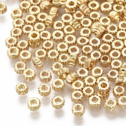 Brass Spacer Beads, Nickel Free, Corrugated Rondelle, Real 18K Gold Plated, 4x2mm, Hole: 1.6mm