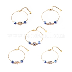 Bracelet coulissant à maillons mauvais œil en cristal et résine, bijoux en laiton plaqué or pour femme, bleu, Modèles mixtes, 7-1/8~7-1/4 pouce (18~18.5 cm)