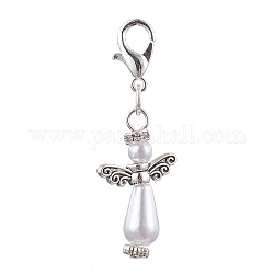 Plastic Imitation Pearl Pendant Decorations, with Alloy Findings, Angel, Antique Silver, 38mm