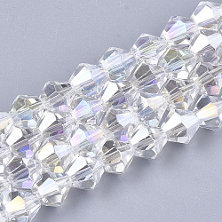 Chapelets de perles en verre électroplaqué, de couleur plaquée ab , facette, Toupie, clair ab, 7.5~8x7.5~8mm, Trou: 1.5mm, Environ 40 pcs/chapelet, 11.81 pouce
