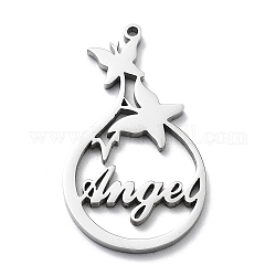 304 Stainless Steel Pendants, Butterfly with Word Angel Charm, Stainless Steel Color, 30x17x1.4mm, Hole: 1.2mm