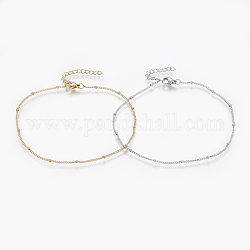 304 Stainless Steel Anklets, with Lobster Claw Clasps, Round Beads and Cable Chains, Mixed Color, 220mm, 1.4mm