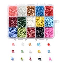 375G 15 Colors Glass Seed Beads, Opaque Colors Lustered, Round, Mixed Color, 8/0, 3~4x2~3mm, Hole: 0.8~1mm, 25g/color