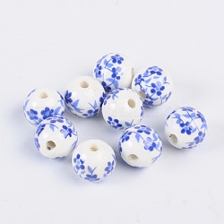 Handgemachte Porzellan Perlen gedruckt, Runde, Verdeck blau, 12 mm, Bohrung: 3 mm
