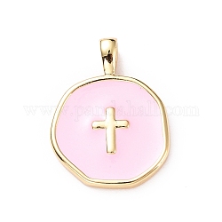 Ciondoli smaltato in ottone, oro chiaro, piatta e rotonda con croce, perla rosa, 18x13.5x3.5mm, Foro: 2x3.5 mm