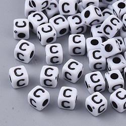 Perle acriliche opache bianche, foro orizzontale, cubo con alfabeto nero, letter.c, 4~5x4~5x4~5mm, Foro: 1.8 mm, circa 6470~6500pcs/500g